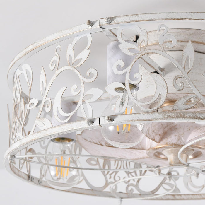 20" Caged Ceiling Fan with Light, Flush Mount Bladeless Fandelier with Remote, Small Low Profile for Bedroom, Kitchen, Dining Room, White Gold