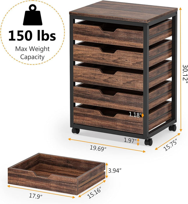 5 Drawer Chest, Wood Storage Dresser Cabinet with Wheels, Industrial Storage Drawer Organizer Cart for Office Bedroom Entryway (Rustic Brown, 1 PC)