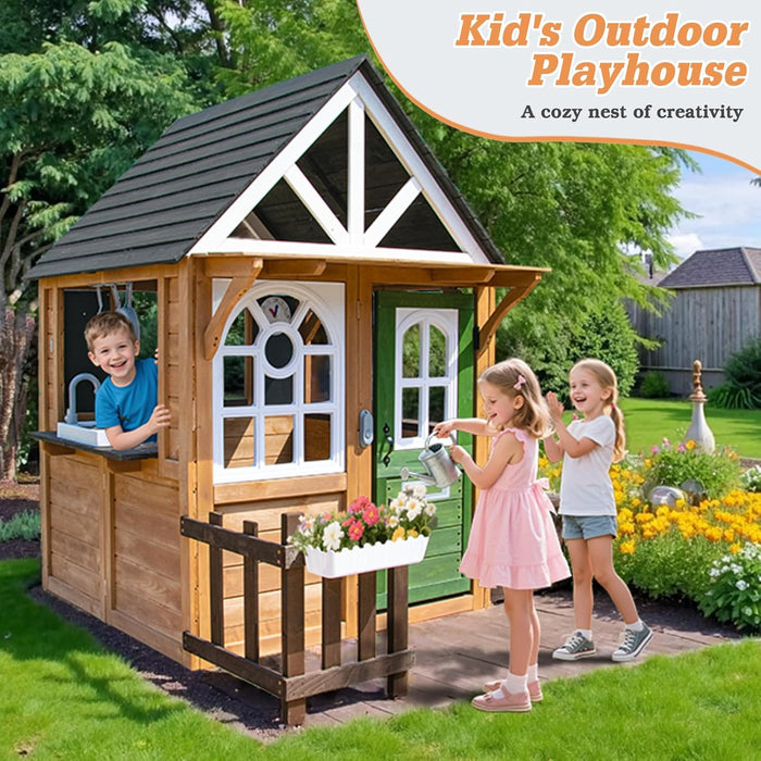 Kids Playhouse Outdoor,Cedar Gray Wooden Play House for Kids Ages 3-8,Interactive Doorbell, Kitchen Counter with Utensils, Sink, Window Boxes for Flowers (Brown)