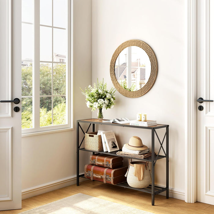 Industrial Console Table, 3 Tier Entryway Table, Hallway Table, Narrow Sofa Table with Shelves, Entrance Table for Entryway, Living Room, Foyer, Hallway, Office, Rustic Brown&Black