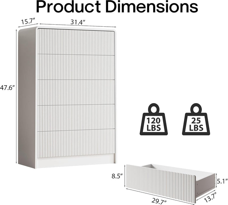 31.5" Wide Modern Curved 5 Drawer Dresser，White