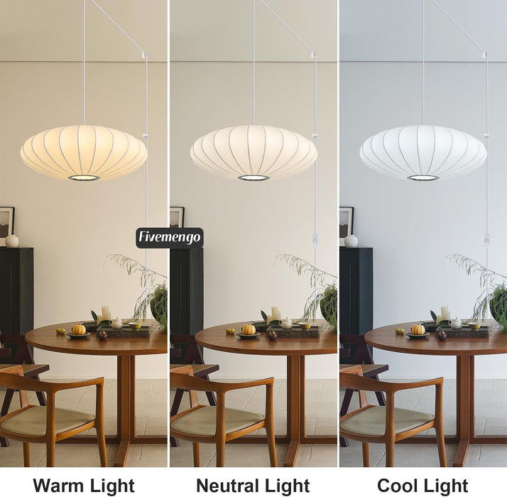 19.7In Plug in Lantern Pendant Light, White Imitation Silk Pendant Light Wabi Sabi Saucer Japanese Bubble Hanging Lamp Chandelier for Living Dinning Room Kitchen Island Bedroom 1 Pack