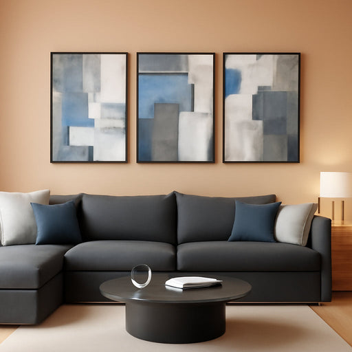 Large Framed Blue and Grey Abstract Wall Art for Living Room, 3 Piece Modern Canvas Prints Paintings Artwork for Walls, Minimalist Abstract Pictures Wall Decor for Hallway Office Bedroom 24X36 In