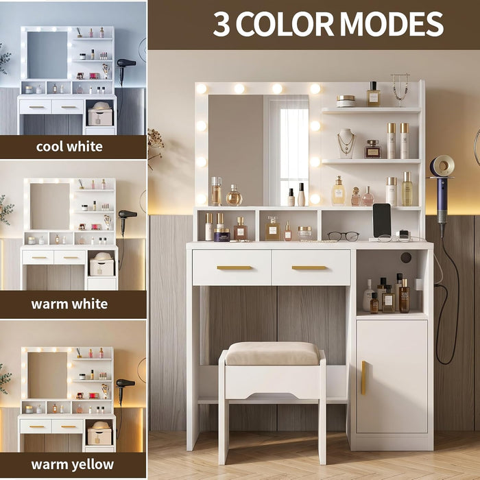 Vanity Desk with Mirror and Lights | Makeup Vanity Desk with 3 Drawers & Storage Shelves & Side Table, 3 Color Modes & Adjustable Brightness, Bedroom Furniture