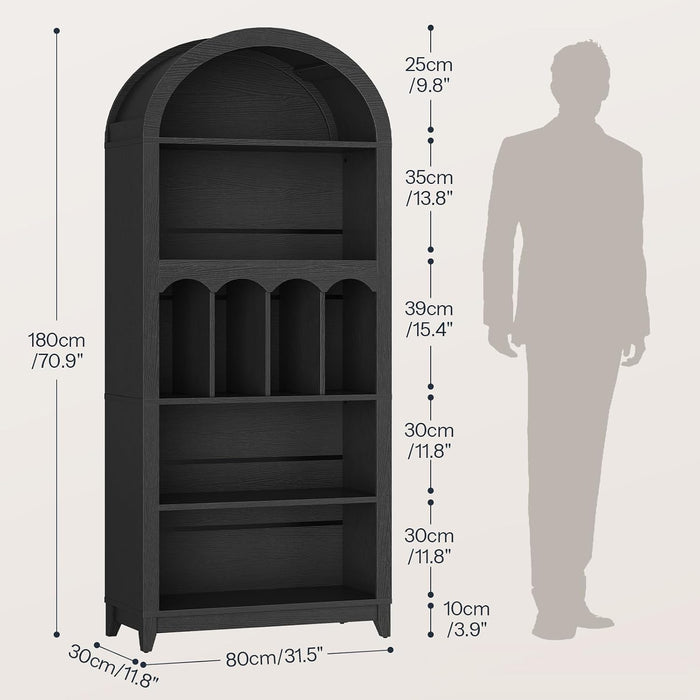 70.9" Tall Arched Bookcase, Wooden Open Display Shelves, Black | 5-Tier Book Shelf with Storage, Farmhouse Arched Cabinet for Bedroom, Home Office, Living Room