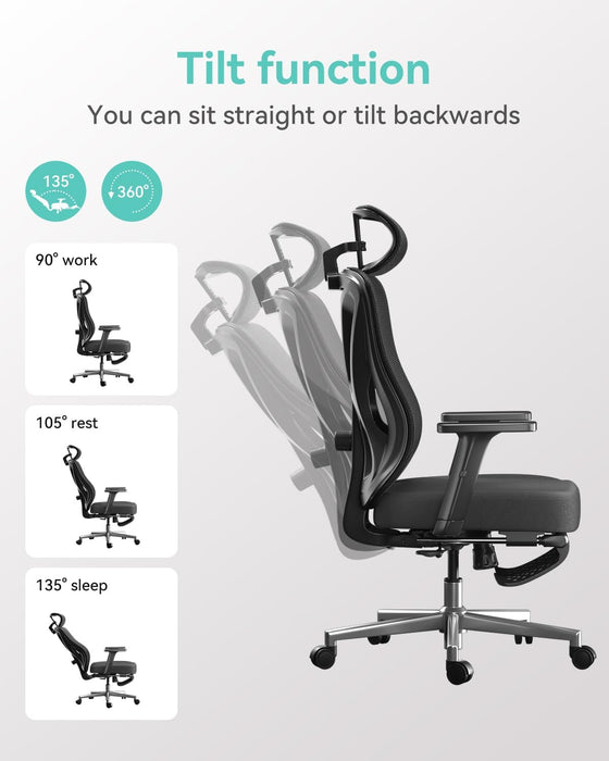 P5 Ergonomic Office Chair, Desk Chair with Adjustable Lumbar Support and Height, Comfortable Mesh Computer Chair with Footrest 2D Headrest, Swivel Tilt Function Black