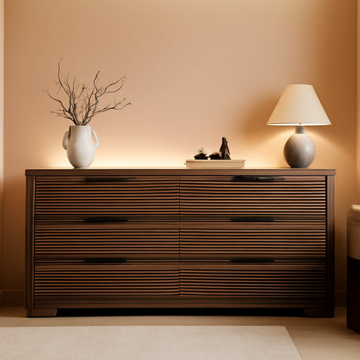 Fluted 6 Drawer Wood Dresser,Farmhouse Chest for Bedroom Entryway,Walnut