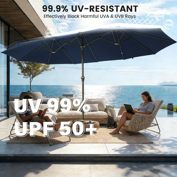 15FT Patio Umbrella with Base,Large Outdoor Double-Sided Rectangle Umbrella with Crank Handle, Market Umbrella for Poolside Garden Deck Backyard Beach Pools,Navy