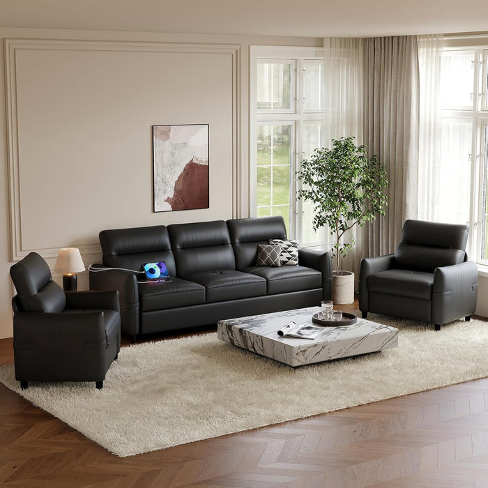 85Inch Black Faux Leather Executive Sofa USBChargingPorts