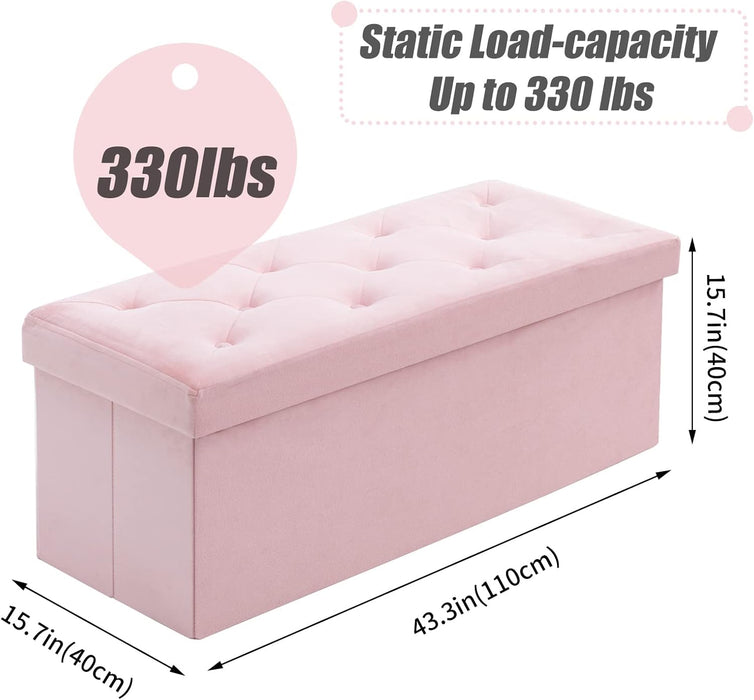 43 Inches Folding Storage Ottoman Bench, Velvet Ottoman with Storage for Living Room, Long Shoes Bench, Flannelette Footrest Benches Seat (Pink)