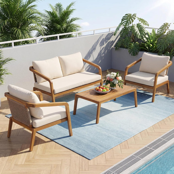 Kai 4 Piece Patio Furniture Set with Slatted Coffee Table, Outdoor Sofa Set with PE Wicker Backrest & Cushions, Acacia Wood Conversation Set for Backyard,Cream+Light Brown+Teak