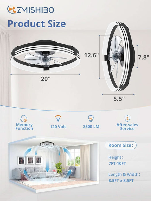 Low Profile Ceiling Fans with Lights and Remote, 20 Inch Flush Mount Ceiling Fan with Light, 3000K-6000K Dimmable Fandelier LED Fan Light, 6 Wind Speeds Black Ceiling Fans for Bedroom