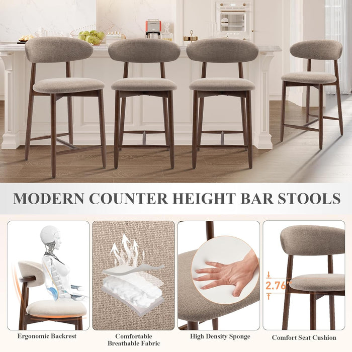 Bar Stools Set of 2, Counter Height Barstools with Back, Mid Century Modern Upholstered, with Wood Legs for Kitchen Island Dining Room, Camel