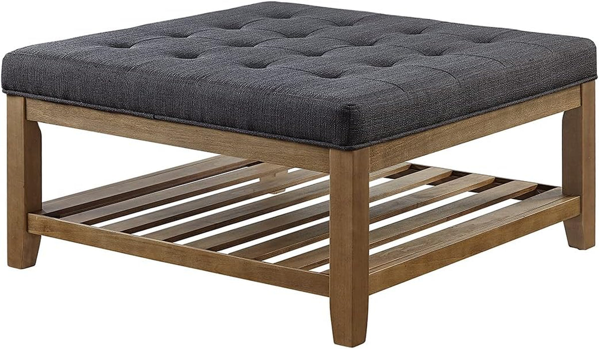 Large Square Upholstered Tufted Linen Ottoman Coffee Table, Large Footrest Ottoman with Solid Wood Shelf- Charcoal