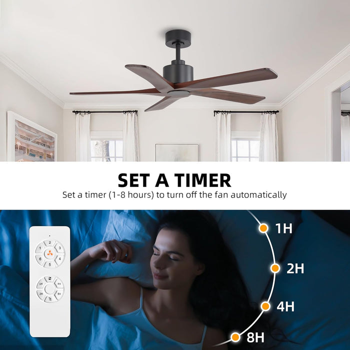 48" DC Ceiling Fan No Light - 5 Carved Solid Wood Blades, 6-Speed Reversible DC Motor, Ceiling Fan without Lights for Living Room Bedroom Kitchen Patio, Indoor and Outdoor, Black and Walnut