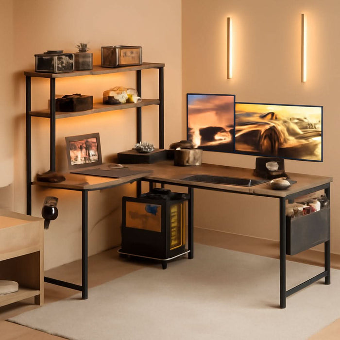 L Shaped Desk Gaming Desk with LED Light & Power Outlet, 53 Inch Reversible L Shaped Computer Desk with Shelf, Corner Desk with Storage Bag&Hook for Home Office Desk, Grey Oak