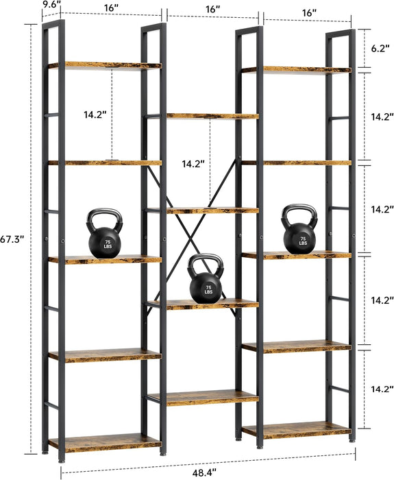 Triple Column 5 Tier Bookshelf, Industrial Large Bookcase Display Shelves, Large Etagere Bookshelf,Wide Book Shelf Book Case for Home & Office, Rustic Brown