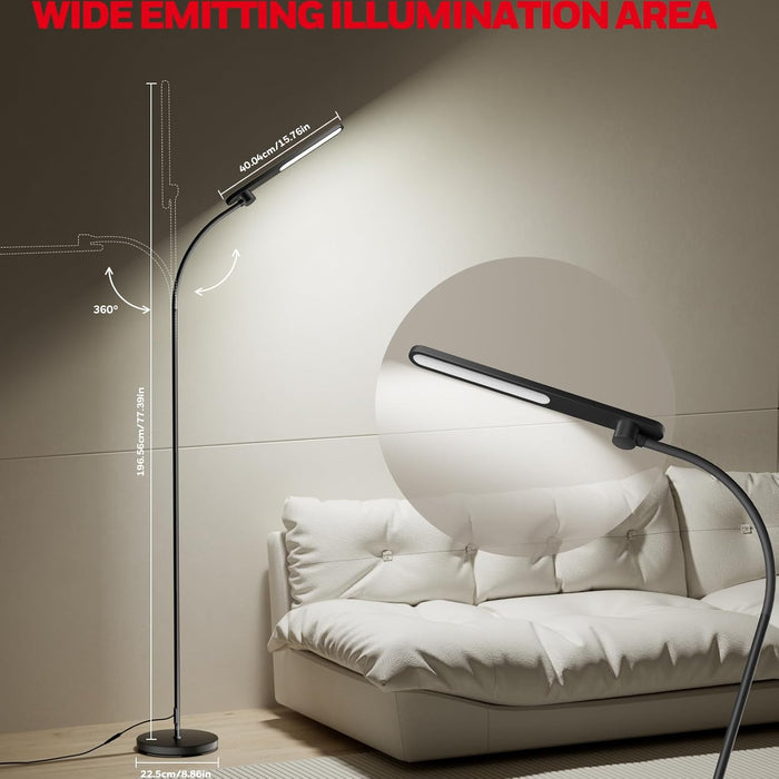 LED Floor Lamp with Remote, CRI97 Full Spectrum Eye-Caring Reading Lamp, Stepless Dimmable 3000K-5000K Task Floor Lamp with Flexible Gooseneck for Living Room, Bedroom, Office