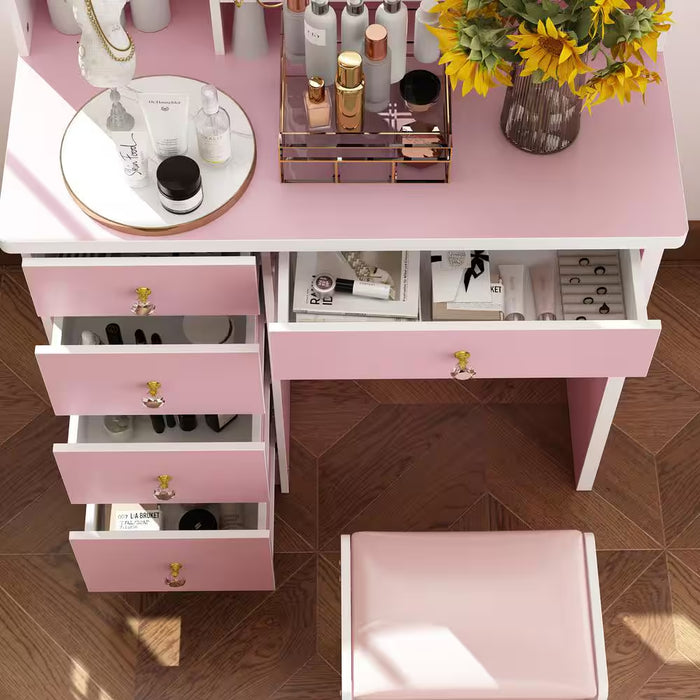 5-Drawers Pink Makeup Vanity Dressing Table Set with Stool, Mirror and Storage Shelves Girls Dressing Table