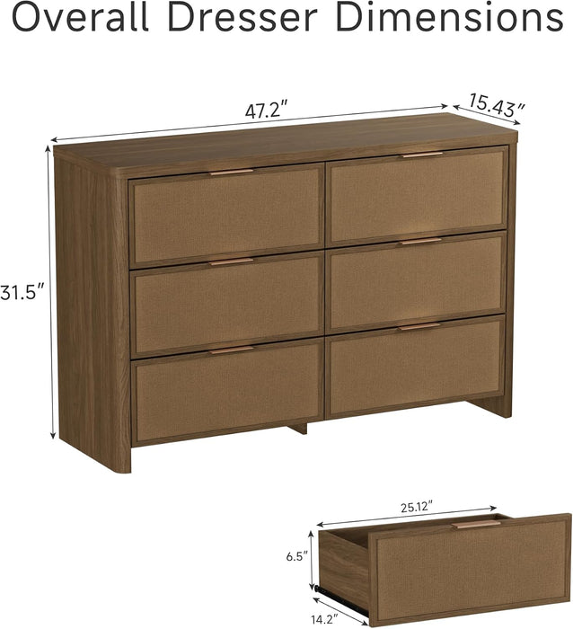 Rattan 6 Drawer Dresser for Bedroom, 47.2" Wide Curved Dressers & Chests of Drawers with 6 Deep Drawers, Large Boho Wooden Dresser W/Gold Metal Handles for Bedroom Living Room, Walnut