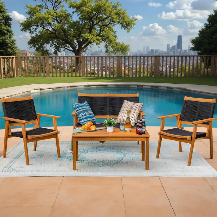 4 Pieces Acacia Wood Patio Conversation Sets, Patio Furniture Set with Hand Woven Rope Seats and Back, Outdoor Chair and Table Set for 4 for Balcony, Backyard, Deck, Poolside