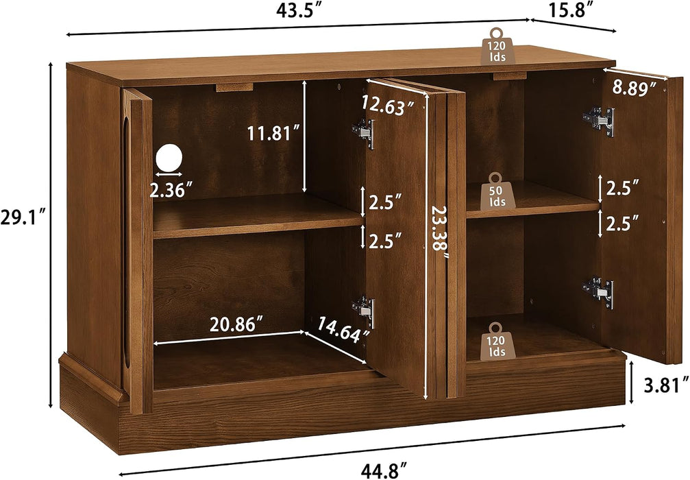 45" Mid-Century Modern Sideboard Buffet Cabinet with Fluted Doors,Credenza Storage Cabinet with Solid Wood Veneer,Seamless Base Accent Cabinet,Walnut