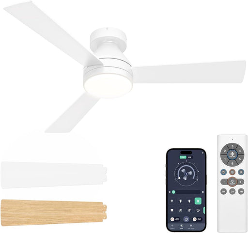 Ceiling Fan with Lights, 42 Inch Low Profile Ceiling Fan with Light and Remote, Reversible, 3CCT, Dimmable, Noiseless, White Flush Mount Ceilings Fans for Bedroom, Indoor/Outdoor