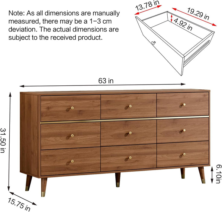 9 Drawer Dresser,63" Wide Mid Century Modern Chest of Drawers,Wooden Bedroom Drawer Dresser with 9 Storage Drawers for Bedroom, Living Room,With Anti-Tipping Device,Tan