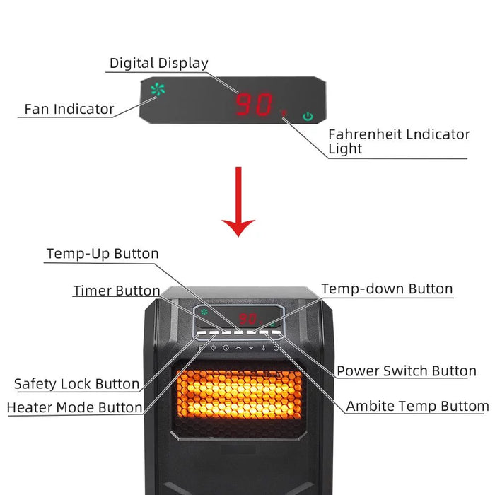 1500W Remote Control Portable Electric LED Quartz Infrared Fan Space Heater, Black