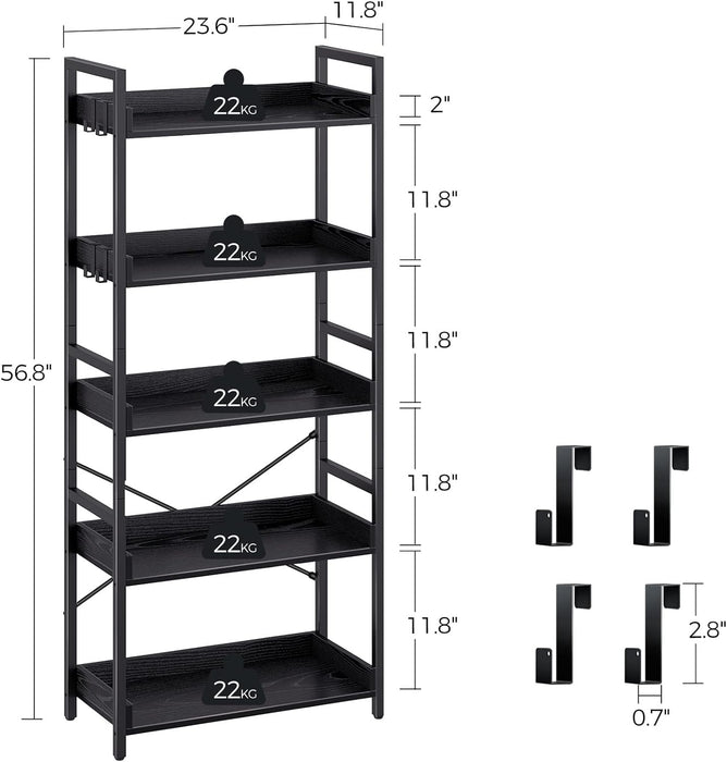Black Five Tier Bookshelf With Hooks IndustrialWood