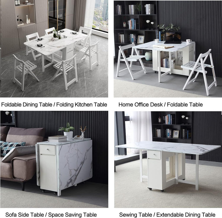 Folding Dining Table with Storage, Kitchen Table for Small Spaces | Foldable, Drop Leaf, Movable, 4 Wheels, Space Saving, Extendable, Marble Texture Top, for Apartment Kitchen Living Room White