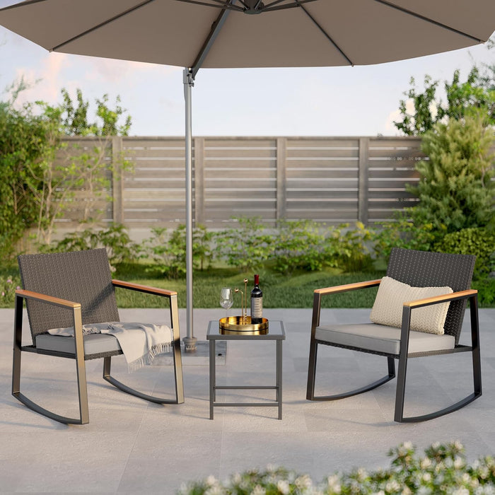 3 Pieces Rocking Patio Bistro Set with Anti-Scald Armrest, Outdoor Patio Wicker Furniture Set with Glass Table and Cushion for Garden, Yard, Porch