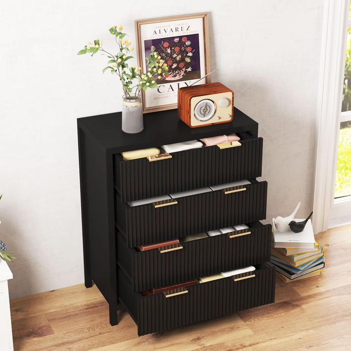 4 Drawer Dressers for Bedroom, Modern Closet Chest of Drawers with Waveform Fluted Panel, Large Wood Storage Dresser Organizer for Nursery Bedroom Living Room Hallway Closet, Black