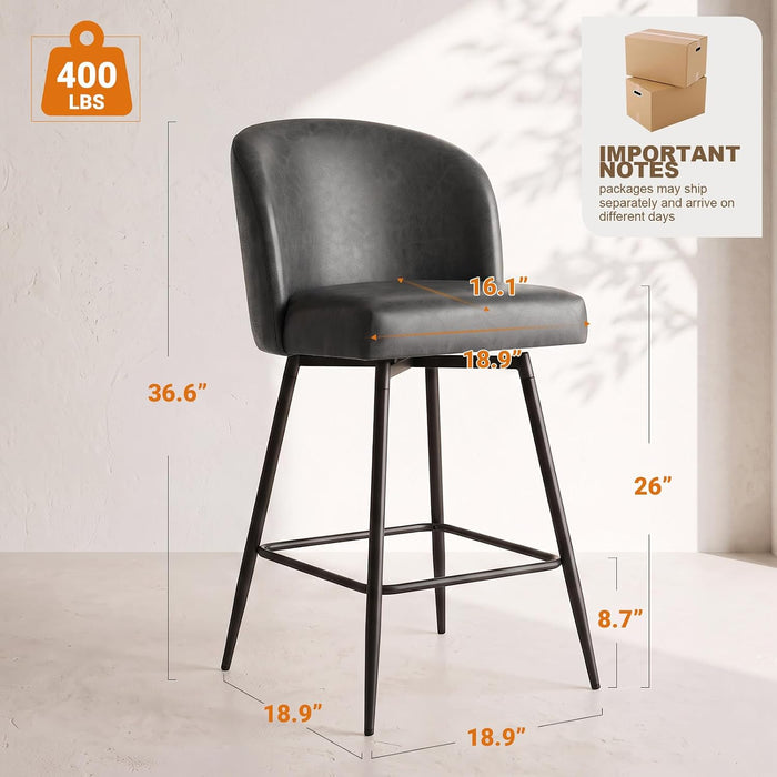 Counter Height Bar Stools Set of 2, 360° Swivel Upholstered Barstools with Backs and Metal Legs, 26" H Seat Height, Faux Leather in Black