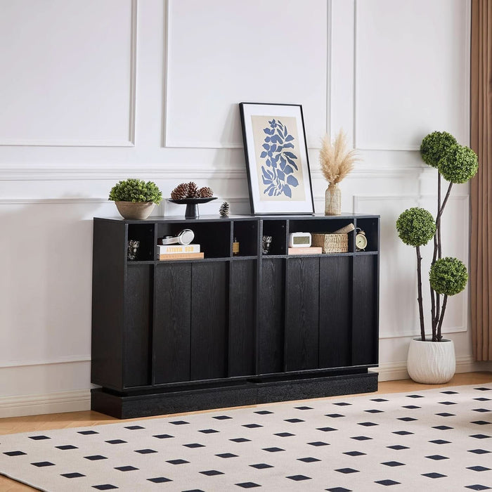 Wooden Sideboard Buffet Cabinet with Open Storage & Adjustable Shelves,Farmhouse Narrow Entryway Cabinet with Socket Hole & Anti‑Tip Kit,Slim Accent Cabinet for Small Spaces (Black 31.7")