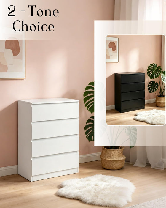 White 4 Drawer Dresser - Modern Chest of Drawers for Bedroom, Small Wood Dressers with Storage, Cut-Out Handles, Anti-Tipping, Living Room, Hallway, Entryway, Home Office