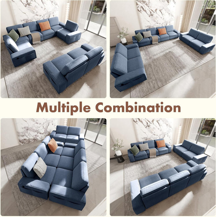 Blue U Shape Sectional Sofa for Living Room/Office 8 Seater Sofa Sets with Large Storage Space Comfy Chenille Cover (4-Seat Modular Sofa & 2×Loveseat Couch)