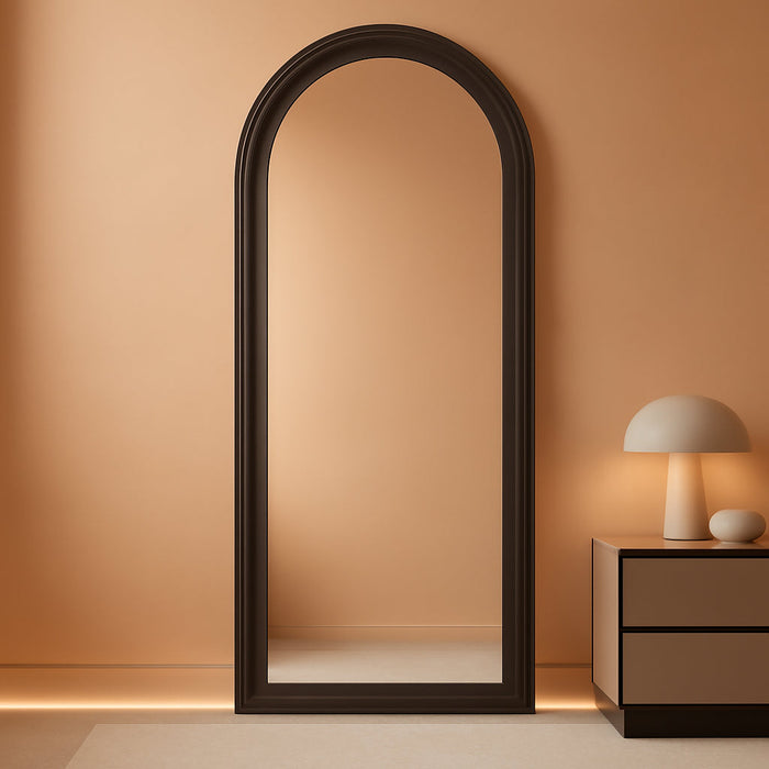 Arched Full Length Mirror with Solid Wood Frame, 71"X32" Rustic Farmhouse Large Floor Mirror with Stand, Free Standing Leaning Hanging, for Bedroom Living Room Dressing Room Entryway, Brown