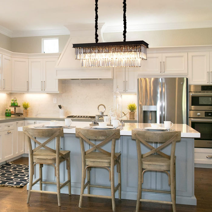 Crystal Chandelier for Dining Room,Rectangular Black Chandelier Modern Rectangle Pendant Light Fixtures for Kitchen Island L33” K9 Contemporary Long Chandelier