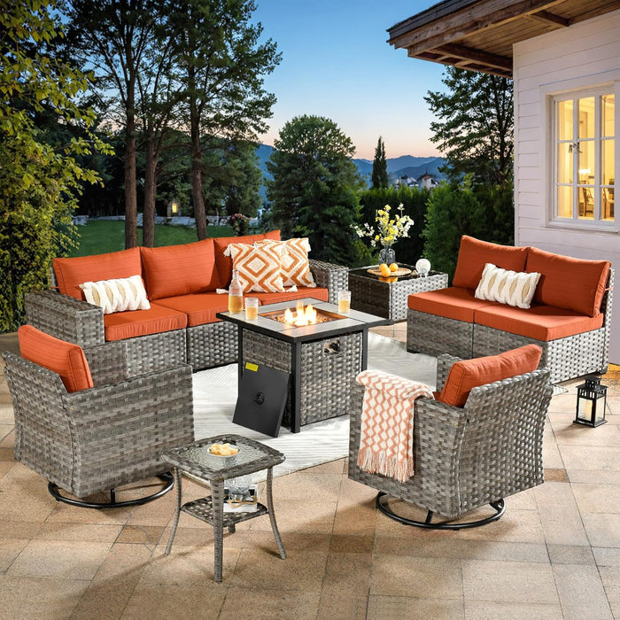 10 Pieces Patio Furniture Set, Outdoor Wicker Sectional Sofa with 30" Fire Pit Table Swivel Chairs, Modern Modular Deep Seat Rattan Couch Conversation Sets, Orange Red