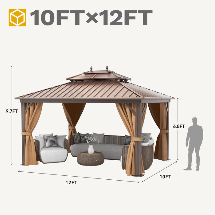 10X12Ft Hardtop Gazebo with Nettings and Curtains, Heavy Duty Double Roof Galvanized Steel Outdoor Combined of Horizontal Vertical Stripes Roof for Patio, Backyard, Deck, Lawn (Bronze)