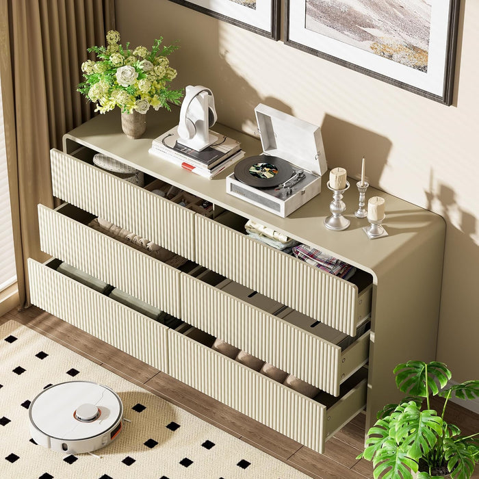 55" Wide Modern Dresser for Bedroom, 6 Drawer Chest of Drawers with Curved Design, Push-To-Open Storage Dresser, Beige