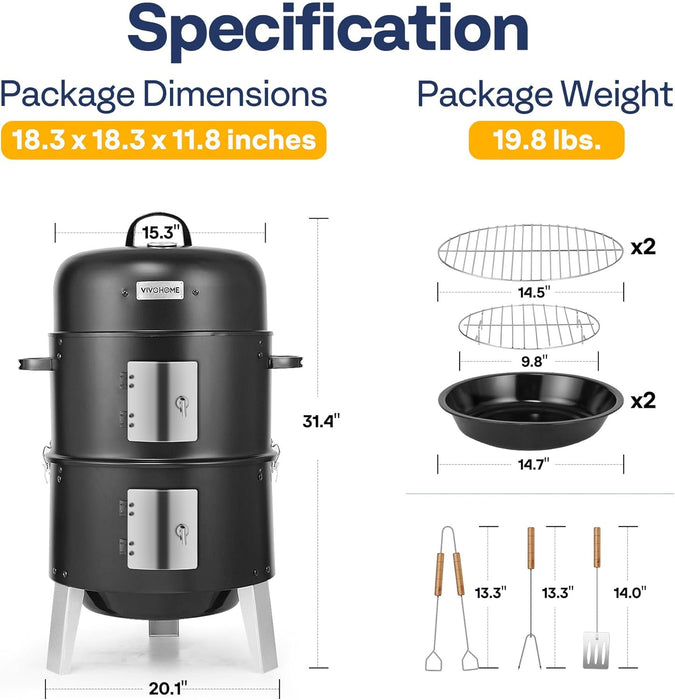 3-In-1 Vertical Charcoal Smoker, BBQ Smoker Grill with Built-In Thermometer, Air Vent, and 2 Access Doors, Idea for Parties, Backyard, Barbecues