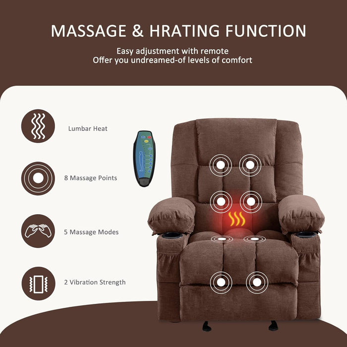 Massage Rocker Recliner Chair with Vibration Massage and Heat Ergonomic Lounge Chair for Living Room with Rocking Function and Side Pocket, 2 Cup Holders, USB Charge Port