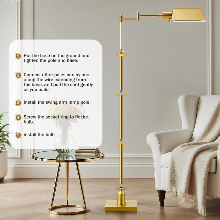 Traditional Height Adjustable Pharmacy Floor Lamp with 350° Swing Arm, Color Temperature Adjustable Standing Lamp Metal Shade for Living Room Reading House Bedroom Home Office(Gold)