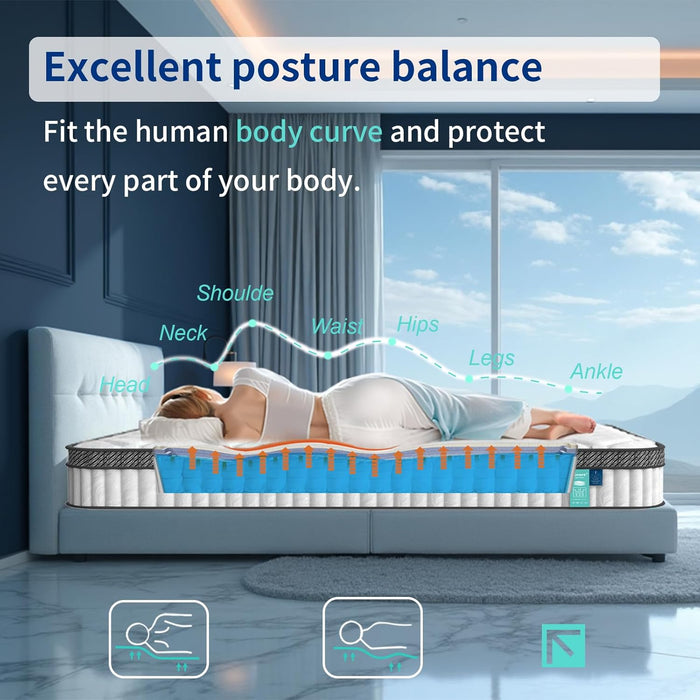 12 Inch King Mattress, Hybrid Memory Foam and Pocket Spring, Motion Isolation, Medium Firm,Edge Support, Soft Touch, Cool and Breathable,Comfortable Mattress in a Box