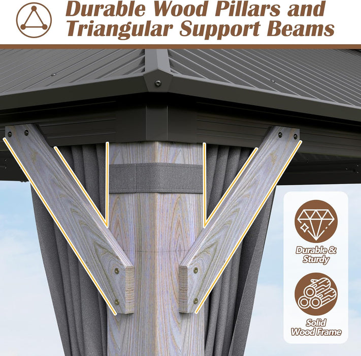 12' X 14' Wood Gazebo, Outdoor Hardtop Gazebo with Wood Posts and Galvanized Steel Doule Roof, Wooden Frame Gazebos with Netting and Curtains for Patio, Backyard, Deck Garden