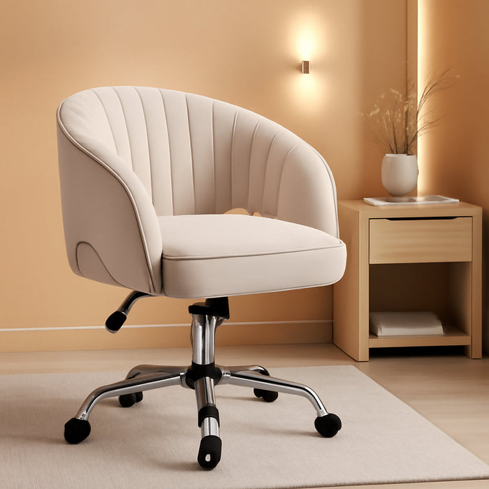 Cute Desk Chair Velvet Chair Vanity Chair with Wheels Home Office Chair Upholstered Modern Swivel Chair with Tufted Barrel Back for Study, Vanity, Bedroom Cream