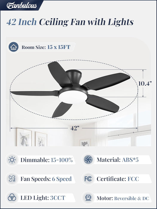 Ceiling Fans with Lights, 42 Inch Low Profile Flush Mount Ceiling Fan with Remote/App Control,Black Modern Ceiling Fan with LED Light for Bedroom Indoor Outdoor-Led Dimmable, 3CCT, 6 Speeds