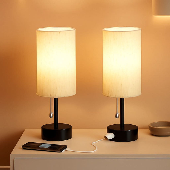 Bedside Table Lamps Set of 2-3 Color Temperatures Pull Chain Lamp with AC Outlet Charging Port, Small round Night Stand Lamps for Bedroom Guest Room Office, Bed Side Light with E26 LED Bulbs